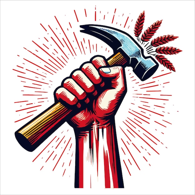 Labours hand rising with holding hammer may day concept