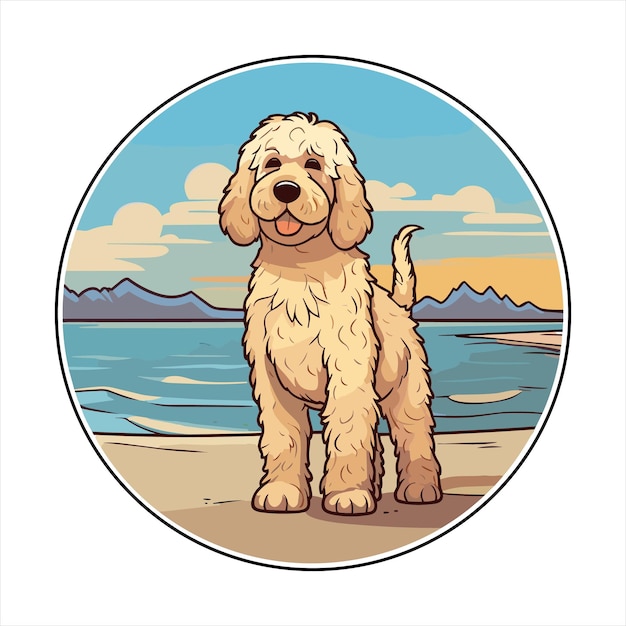 Vector labradoodle dog breed cute cartoon kawaii character beach summer animal pet sticker illustration
