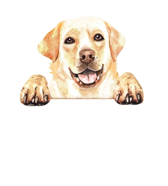 Labrador retriever above banner row of the tops of heads of dog  peeking over a blank white sign