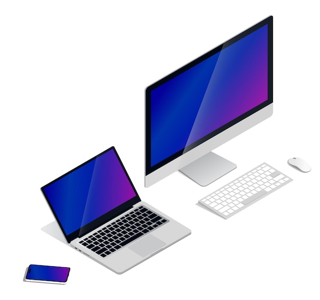 Labtop, keyboard, monitor, smartphone and mouse. Isometric vector. Mockup.