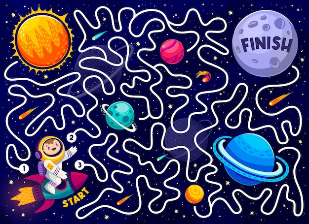 Labyrint doolhof quizspel Help de astronaut zijn planeet te vinden Vind een manier voor kinderen puzzel zoekpad spel vector werkblad met kid astronaut of raket ruimteschip ruimte cartoon zon en zonnestelsel planeten