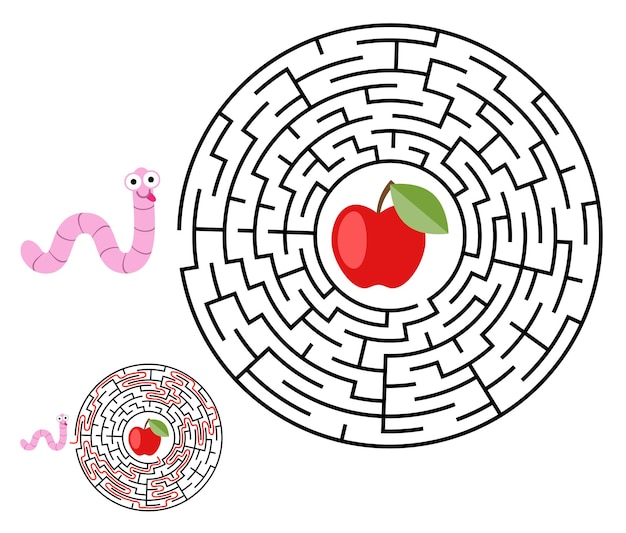 Labyrint doolhof raadsel voor kinderen In- en uitgang Kinderen puzzelspel Help de worm om naar appel te kruipen