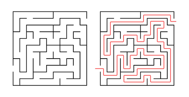 Labyrint doolhofspel met oplossing vector rebus voor kinderen logica hoe quiz te vinden