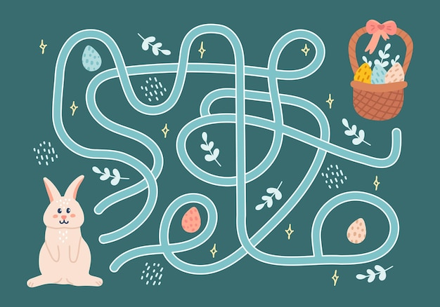 Labyrint helpt konijn weg te vinden naar mand met paaseitjes Logische zoektocht voor kinderen
