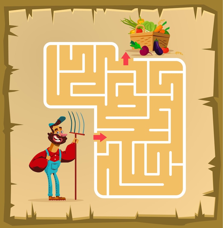 Vector labyrinth game for children with farmer cartoon illustration