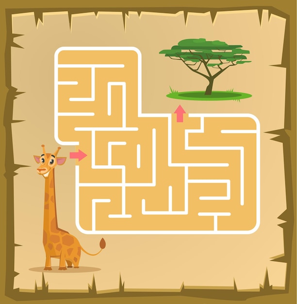 Labyrinth game for children with giraffe cartoon illustration