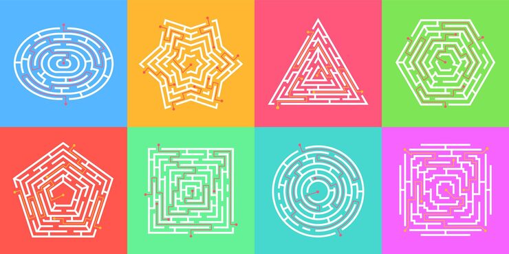 Vector 미로 게임, 퍼즐 미로 찾기, 원형 미로. 다양한 모양의 간단한 미로, 논리는 어린이 벡터 세트를 위한 경로 게임을 찾습니다. 출구를 찾기 위한 선택, 두뇌 운동