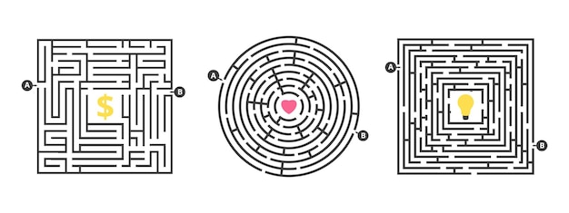 Labyrinth game. Fun maze, puzzle for leisure time. Find money love or idea. Life competition or search goal solution metaphor. Round square labyrinths vector illustration. Maze and puzzle labyrinth