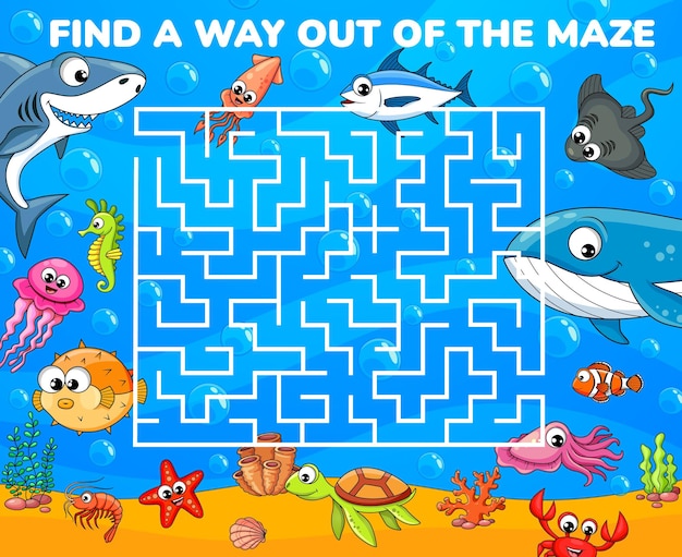 Labyrinth maze of cartoon funny underwater animals and fish Vector worksheet of kids block puzzle game with square labyrinth shark whale crab and squid prawn jellyfish on blue ocean background