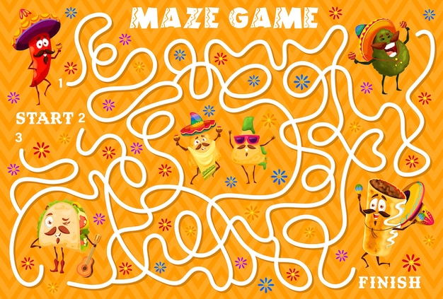 Vector labyrinth maze cartoon mexican food characters