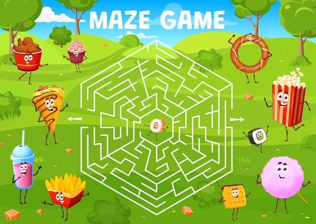 Labyrinth maze game cartoon fast food and desserts personages kids vector worksheet with chicken drumsticks cupcake crepe and cocktail potato chops waffle pop corn or bagel help roll find exit