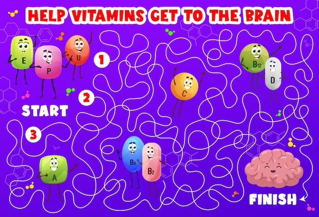 Labyrinth maze game Cartoon vitamin and micronutrient characters Child labyrinth playing activity maze game vector worksheet with human brain E P U and B12 A C vitamin pills cute personages