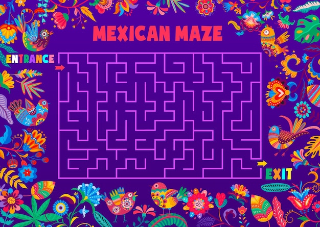 Labyrinth maze game Mexican flowers and birds