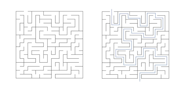 Labyrinth maze game vector illustration with solution. Simple logic game for kids.