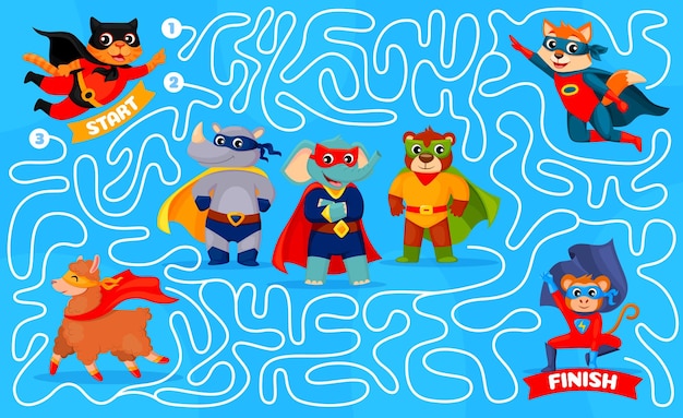 Labyrinth maze game with cartoon superhero animals