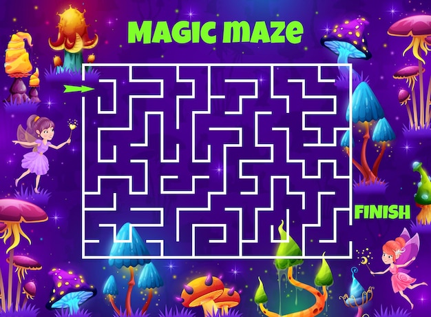 Labyrinth maze game with magic mushrooms in forest