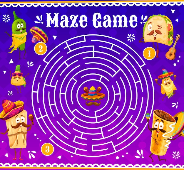 Labyrinth maze game with mexican food characters