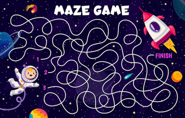 Vector labyrinth maze game with rocket spaceship in space