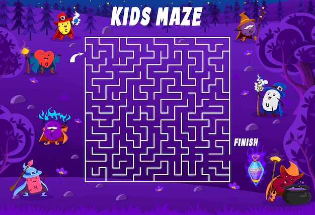 Vector labyrinth maze help to micronutrient wizards find a magic potion kids vector board game worksheet with c d e h b1 u and p halloween nutrient capsule characters in night forest with tangled path