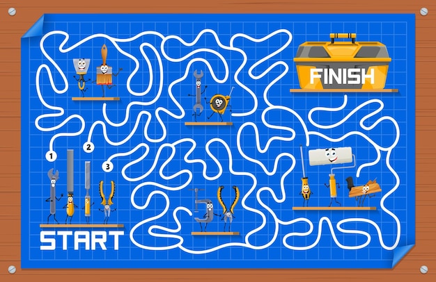 Вектор Лабиринт лабиринта помогает мультяшным ремонтным инструментам