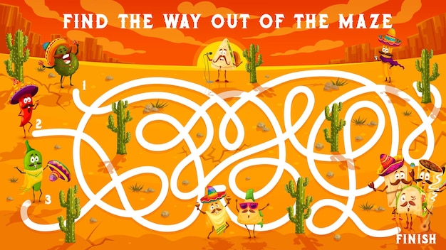 Labyrinth maze kids game cartoon funny mexican food characters in desert Vector boardgame with tangled path cartoon mariachi tex mex snacks start finish and cacti Educational riddle worksheet