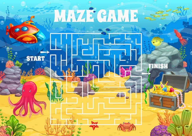 Labyrinth maze on sea bottom landscape help to explorers find treasure chest vector quiz game Kids game worksheet to find way for bathyscaphe submarine in sea underwater or ocean labyrinth maze