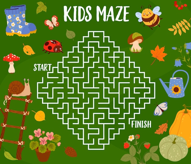 Labyrinth maze with autumn leaves animals plants and garden tools Kids vector board game worksheet with mushroom snail ladybug and butterfly Potted flower ladder strawberry and rubber boots