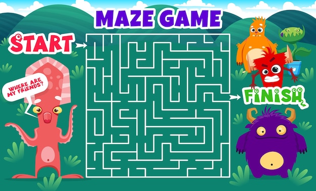 Labyrinth maze with cartoon monster characters