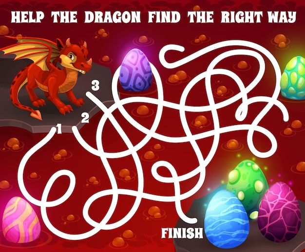Labyrinth maze with cartoon red dragon and eggs
