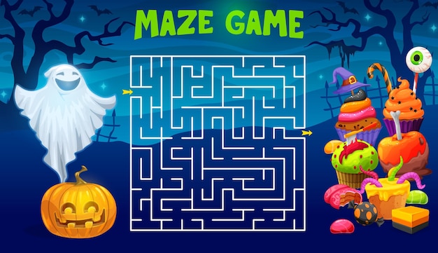 Labyrinth maze with Halloween pumpkin and sweets