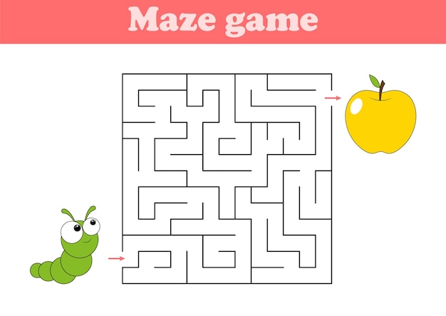 Labyrinth with caterpillar and apple Vector round maze Children colorful puzzle Find right way