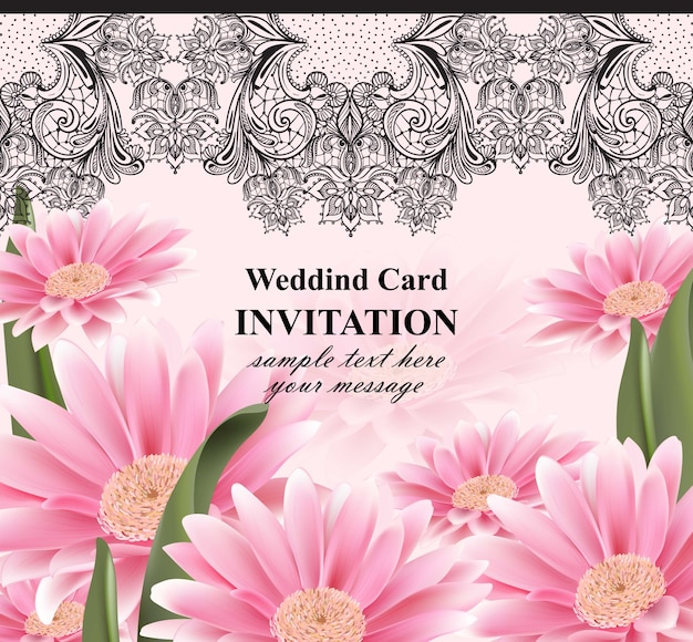 レースとデイジーの花カードベクトル。現実的な花の装飾とヴィンテージ招待