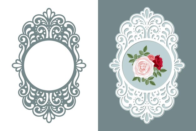 Vector lace ovale frame laser gesneden sjabloon achtergrond met roze bloem in een opengewerkte frame vector