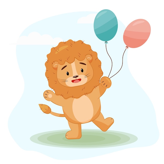 Lachende babyleeuw met verjaardagsballons en achtergrond Vector Kids Illustration