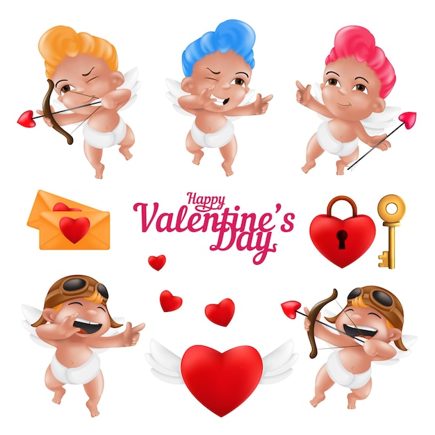 Lachende cupido en een schattig engeltje in een luierset. happy valentine's day grappige cherubijn mascotte collectie in verschillende poses