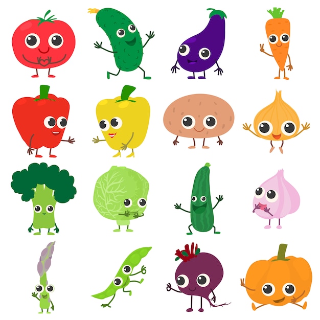 Lachende groenten icons set. beeldverhaalillustratie van 16 het glimlachen groenten vectorpictogrammen voor web