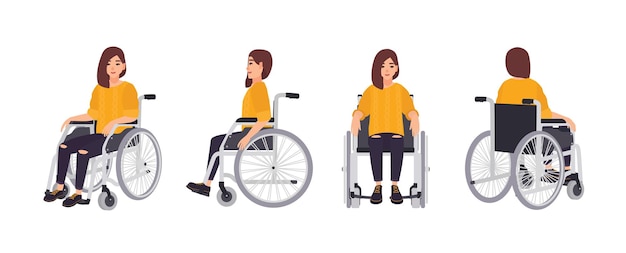 Lachende jonge vrouw in rolstoel geïsoleerd op een witte achtergrond. Vrouwelijk personage dat rehabilitatie ondergaat na een trauma of ziekte. Voor-, zij-, achteraanzichten. Vectorillustratie in platte cartoonstijl.