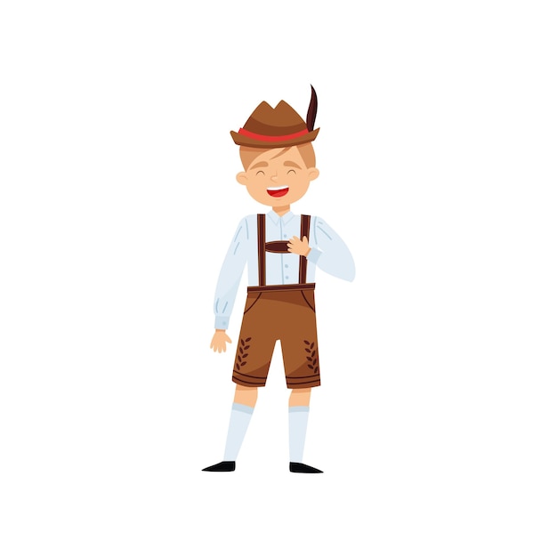Vector lachende jongen in nationaal beierse kostuum kind in shirt traditionele lederhosen en hoed met veer