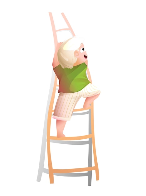 Lachende jongen klimmen ladder cartoon achteraanzicht