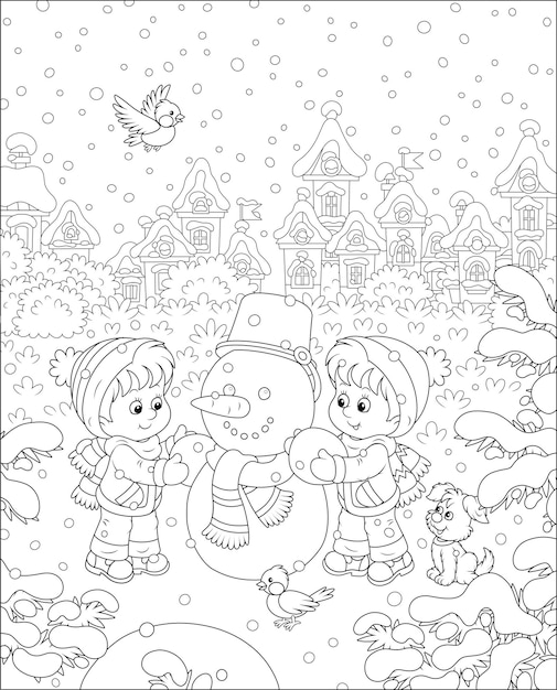 Lachende kleine kinderen die een grappige sneeuwpop maken met een emmer en een sjaal op een besneeuwde speelplaats