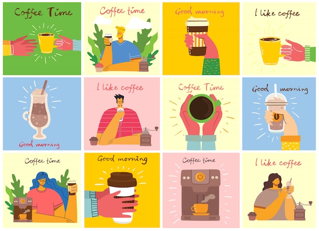 Lachende mensen vriend koffie drinken en praten. Koffietijd, pauze en ontspanning conceptkaarten. illustratie in lat ontwerpstijl