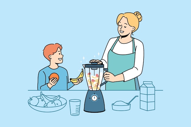 Lachende moeder en zoontje maken gezonde fruitsmoothie in blender thuis keuken Gelukkig moeder en kind bereiden voedingsdrank of sap Vitamine eten en vegetarisch Vectorillustratie