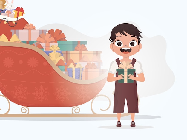 Lachende peuterjongen die staat en een geschenkdoos vasthoudt Kerst Cartoon-stijl