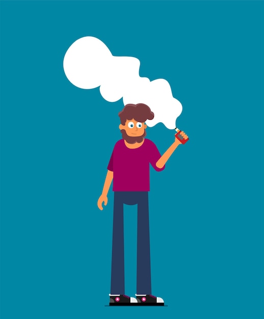 Lachende staande bebaarde hipster man met vape of verdamper en vapen met stoomwolk eromheen