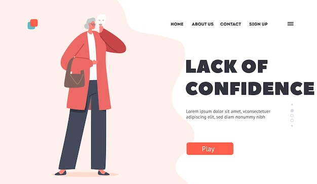 Lack of confidence landing page template sad senior woman covering face with smiling mask expressing opposite emotion