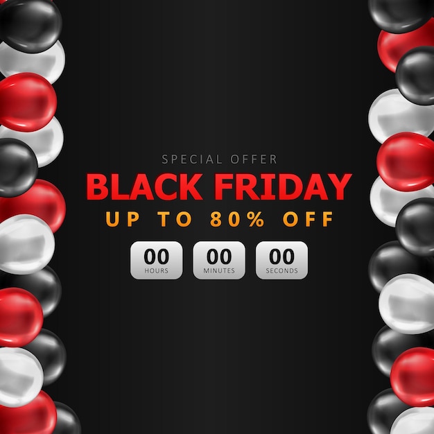 lack Friday square banner with sale countdown and 3d glossy balloons Promo poster with discount