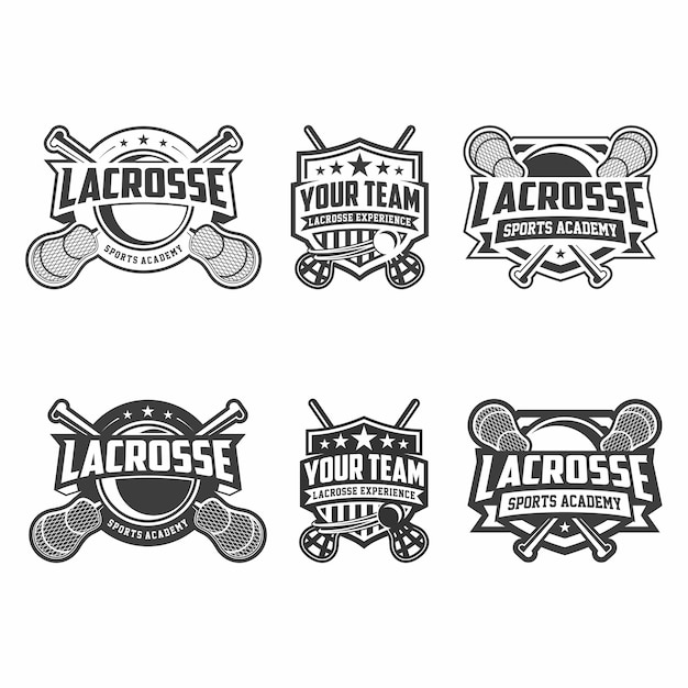 Набор эмблем клуба лакросса, турнир по дизайну логотипа лакросса, клюшка для лакросса и вектор мяча на белом