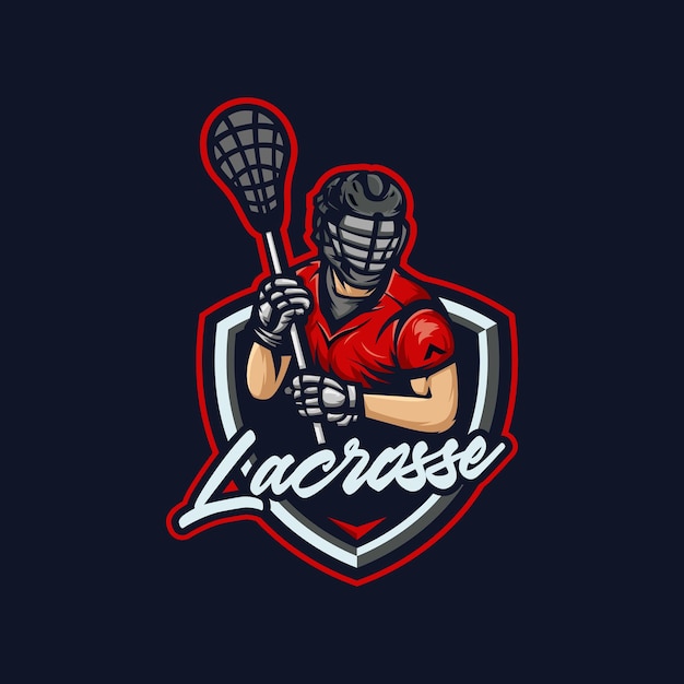 Lacrosse mascotte logo vettoriale un uomo con un bastone da lacrosse sport atletici rossi