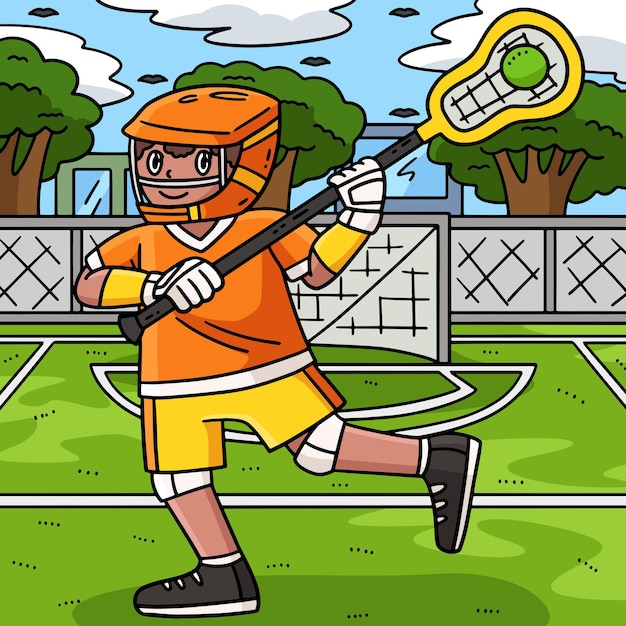 ラクロス選手がボールをパスするカラー漫画
