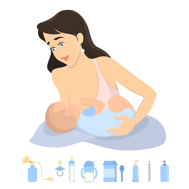 Vector lactating woman feeding baby on white.